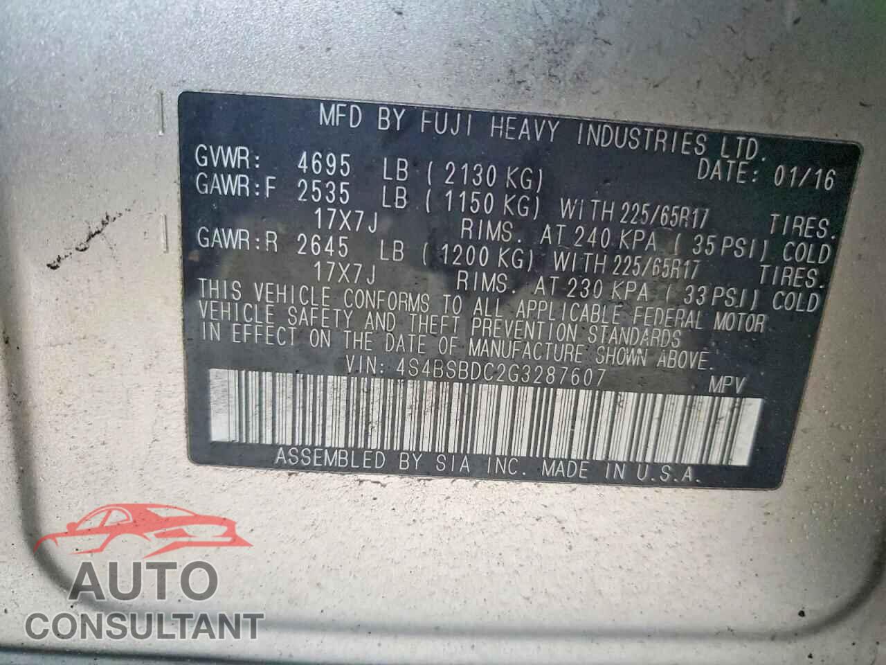 SUBARU OUTBACK 2016 - 4S4BSBDC2G3287607