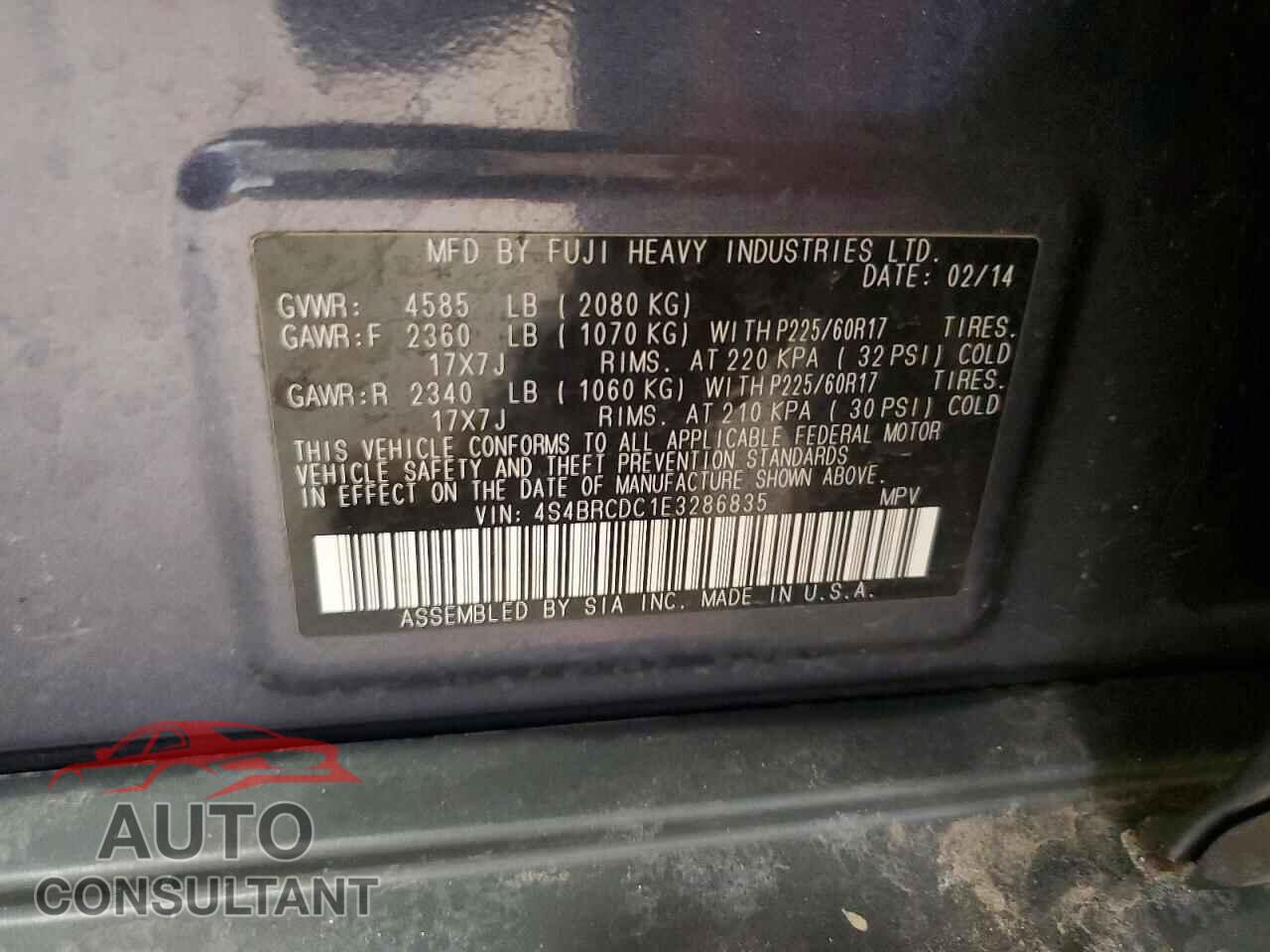 SUBARU OUTBACK 2014 - 4S4BRCDC1E3286835