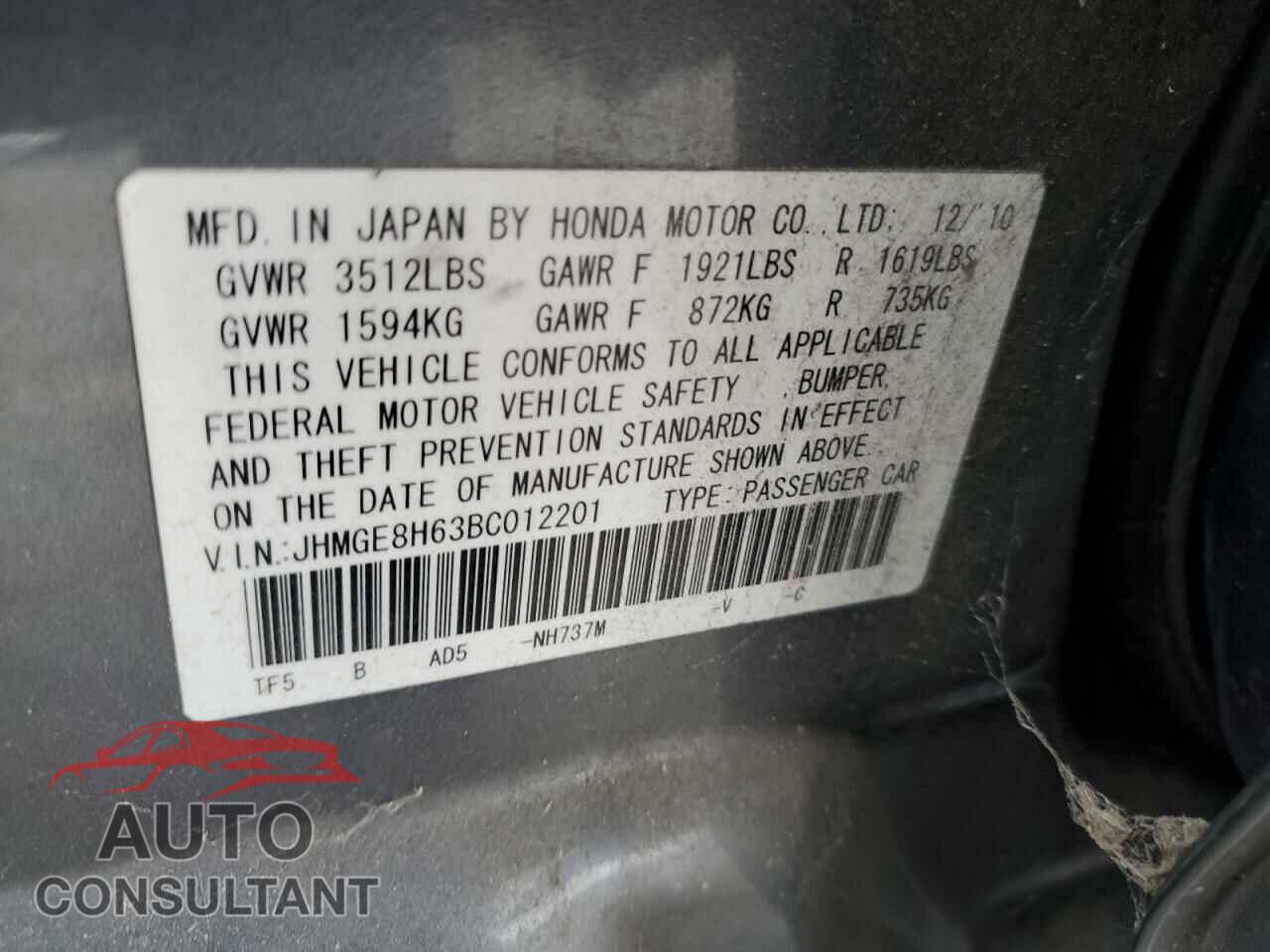 HONDA FIT 2011 - JHMGE8H63BC012201