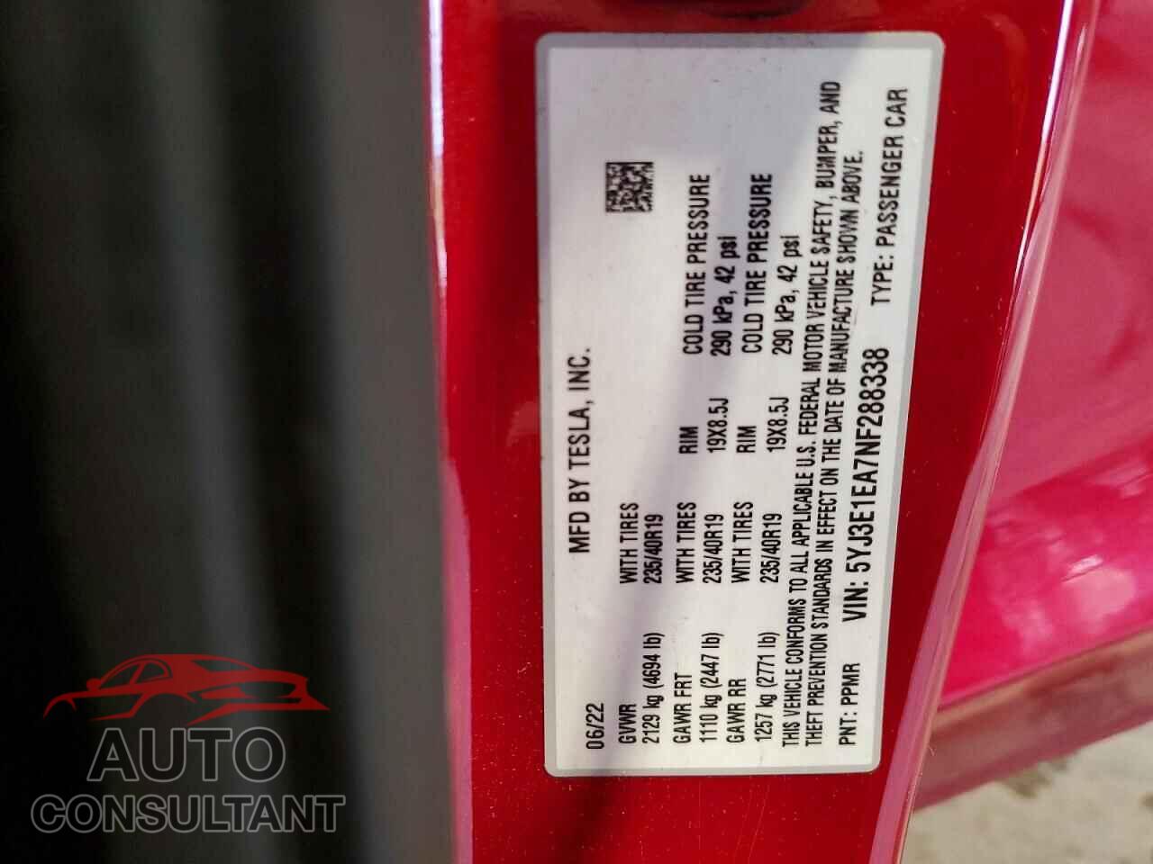 TESLA MODEL 3 2022 - 5YJ3E1EA7NF288338