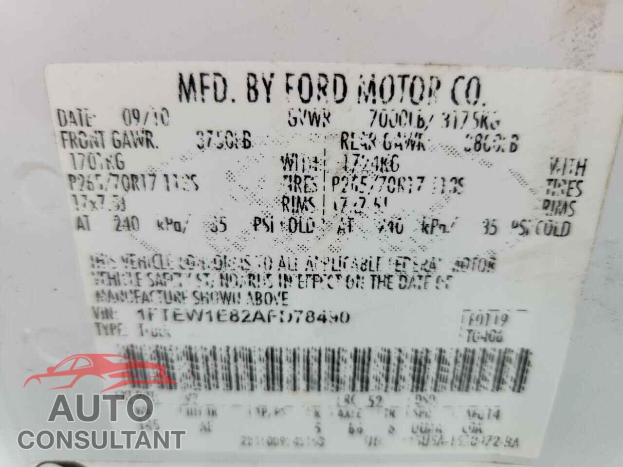 FORD F-150 2010 - 1FTEW1E82AFD78490