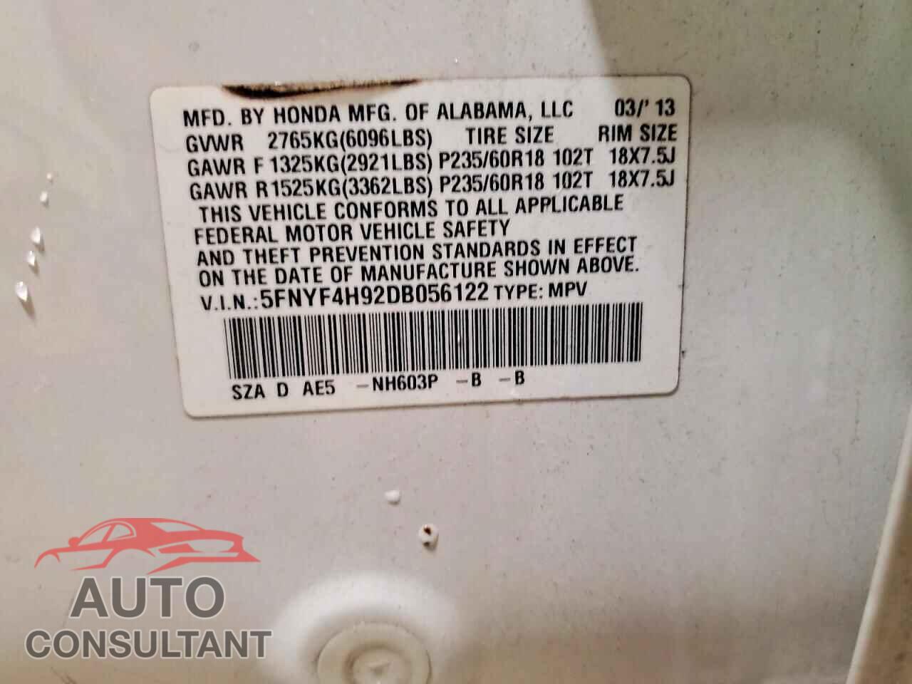 HONDA PILOT 2013 - 5FNYF4H92DB056122