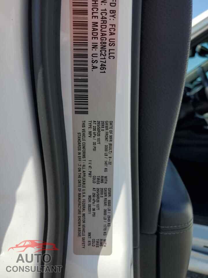 DODGE DURANGO 2022 - 1C4RDJAG8NC217461