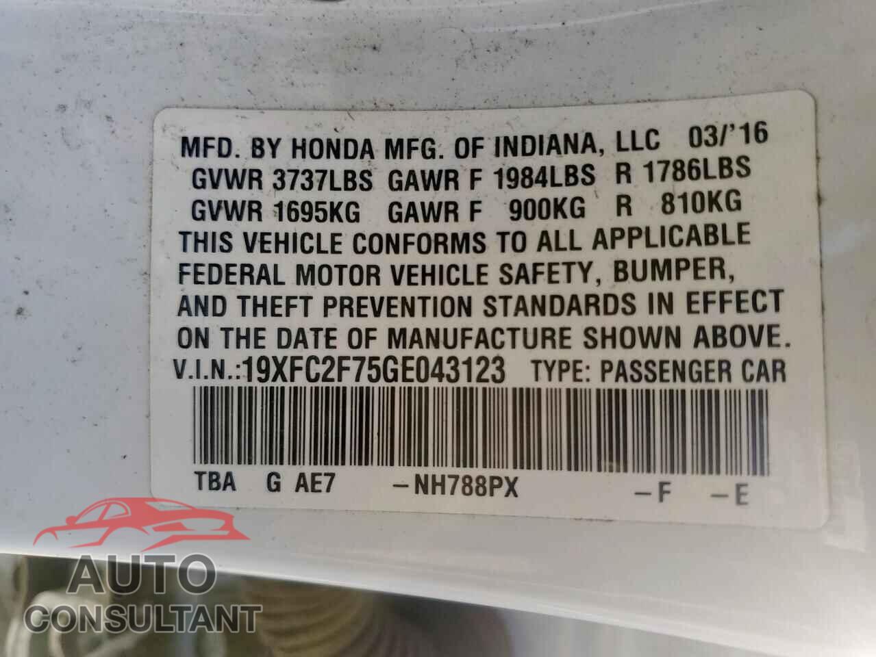 HONDA CIVIC 2016 - 19XFC2F75GE043123