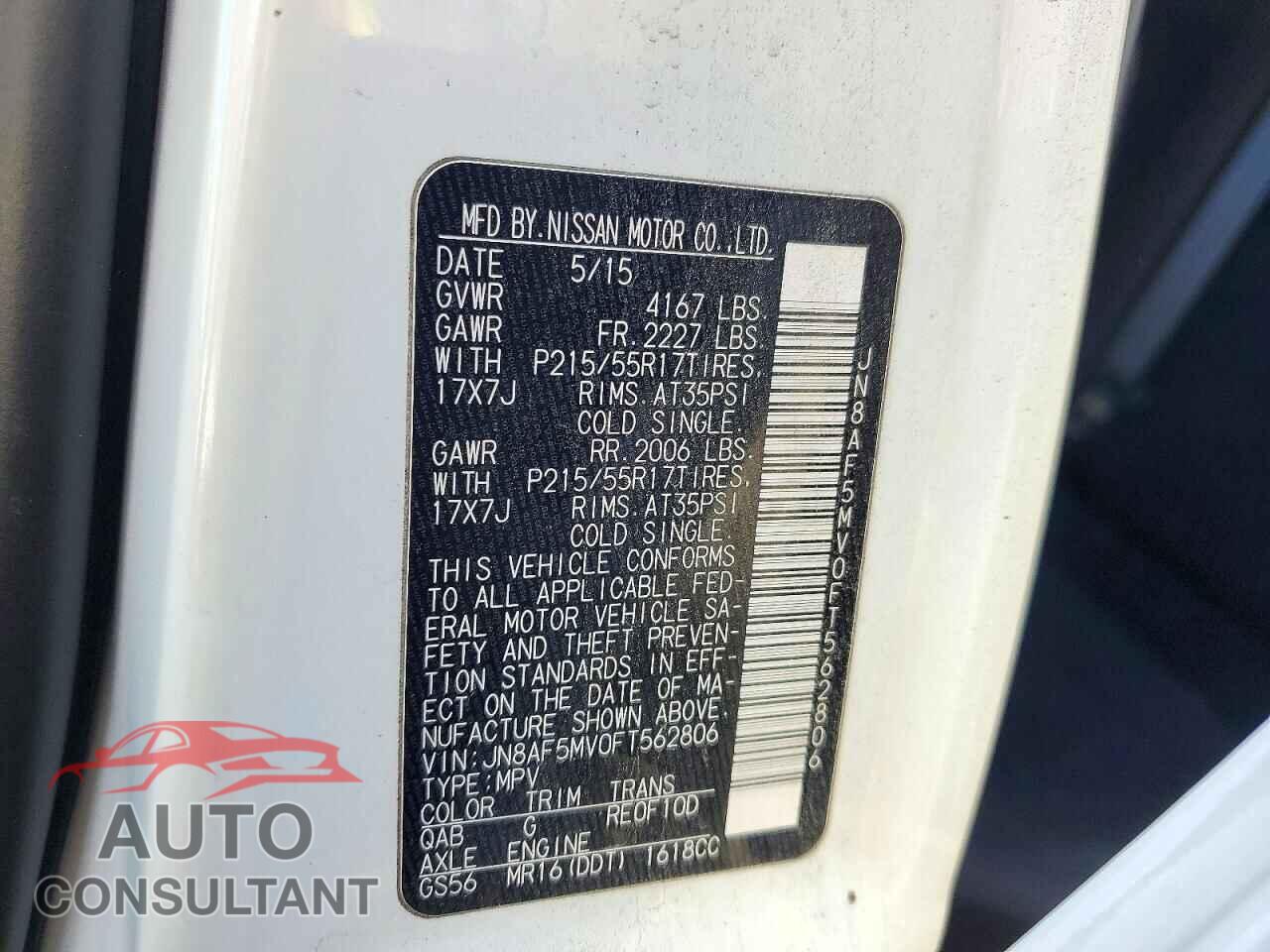 NISSAN JUKE 2015 - JN8AF5MV0FT562806