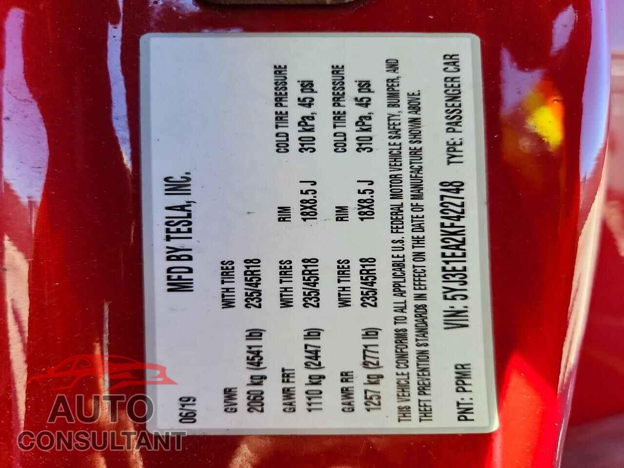 TESLA MODEL 3 2019 - 5YJ3E1EA2KF422748