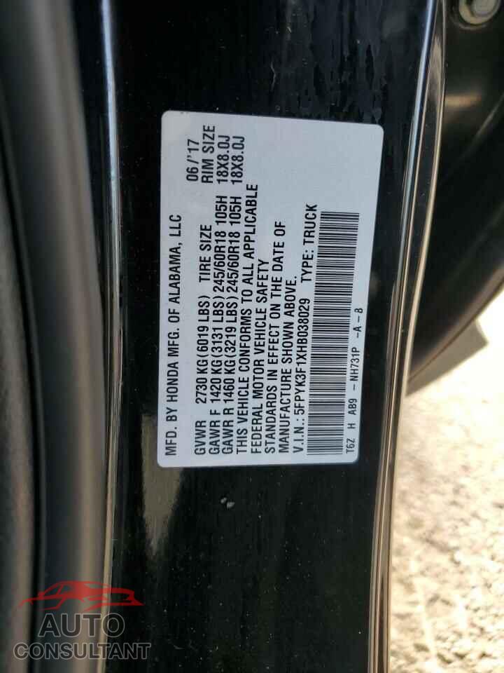 HONDA RIDGELINE 2017 - 5FPYK3F1XHB038029