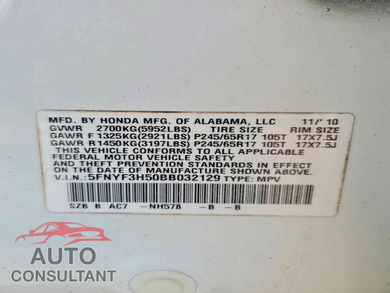 HONDA PILOT 2011 - 5FNYF3H50BB032129