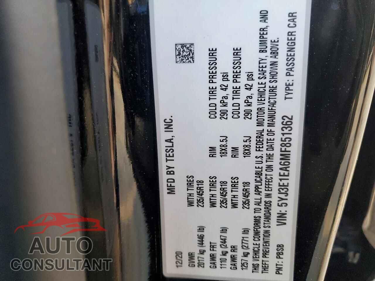 TESLA MODEL 3 2021 - 5YJ3E1EA6MF851362