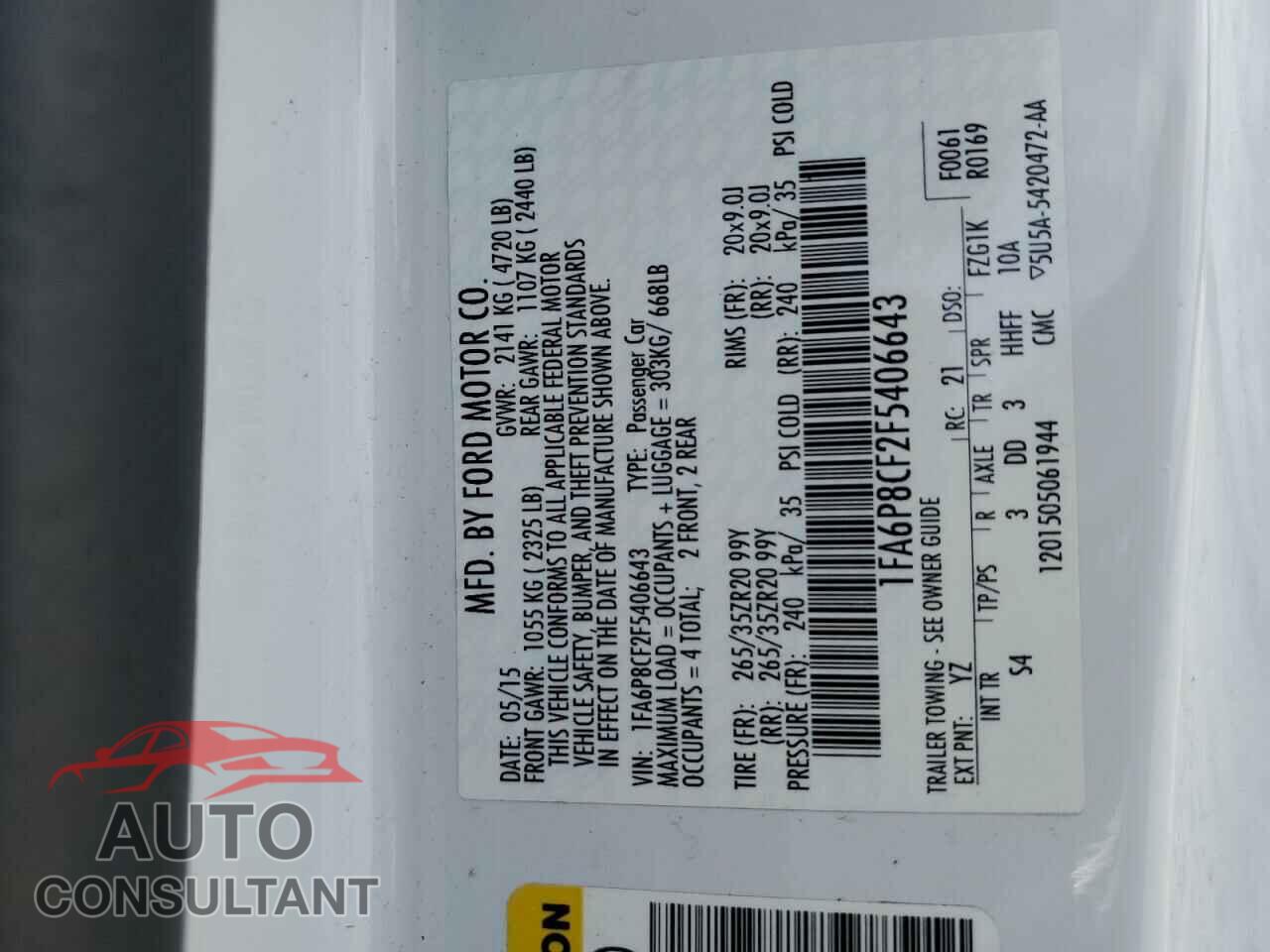 FORD MUSTANG 2015 - 1FA6P8CF2F5406643