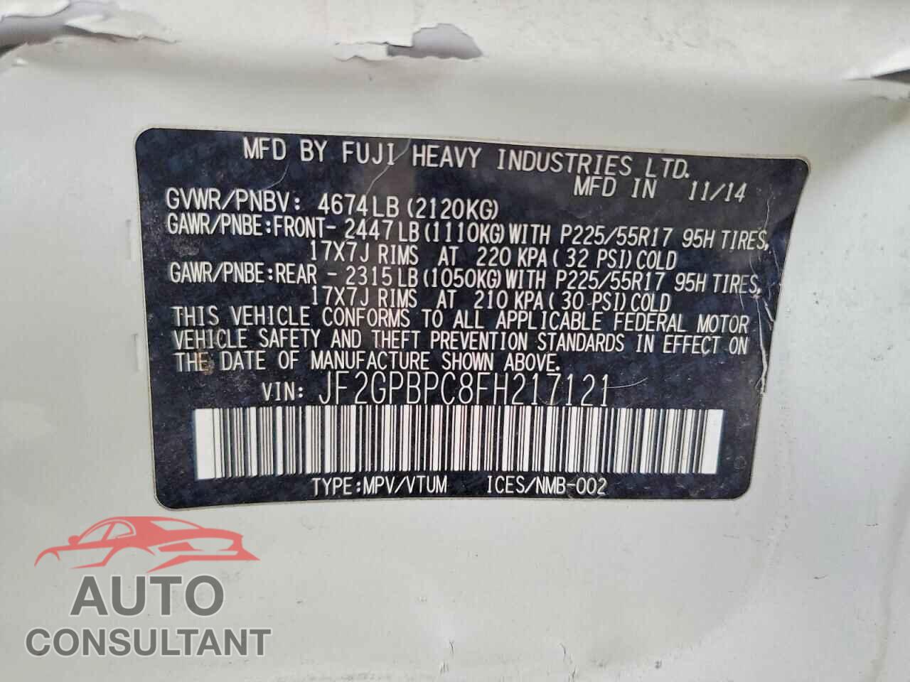 SUBARU XV 2015 - JF2GPBPC8FH217121