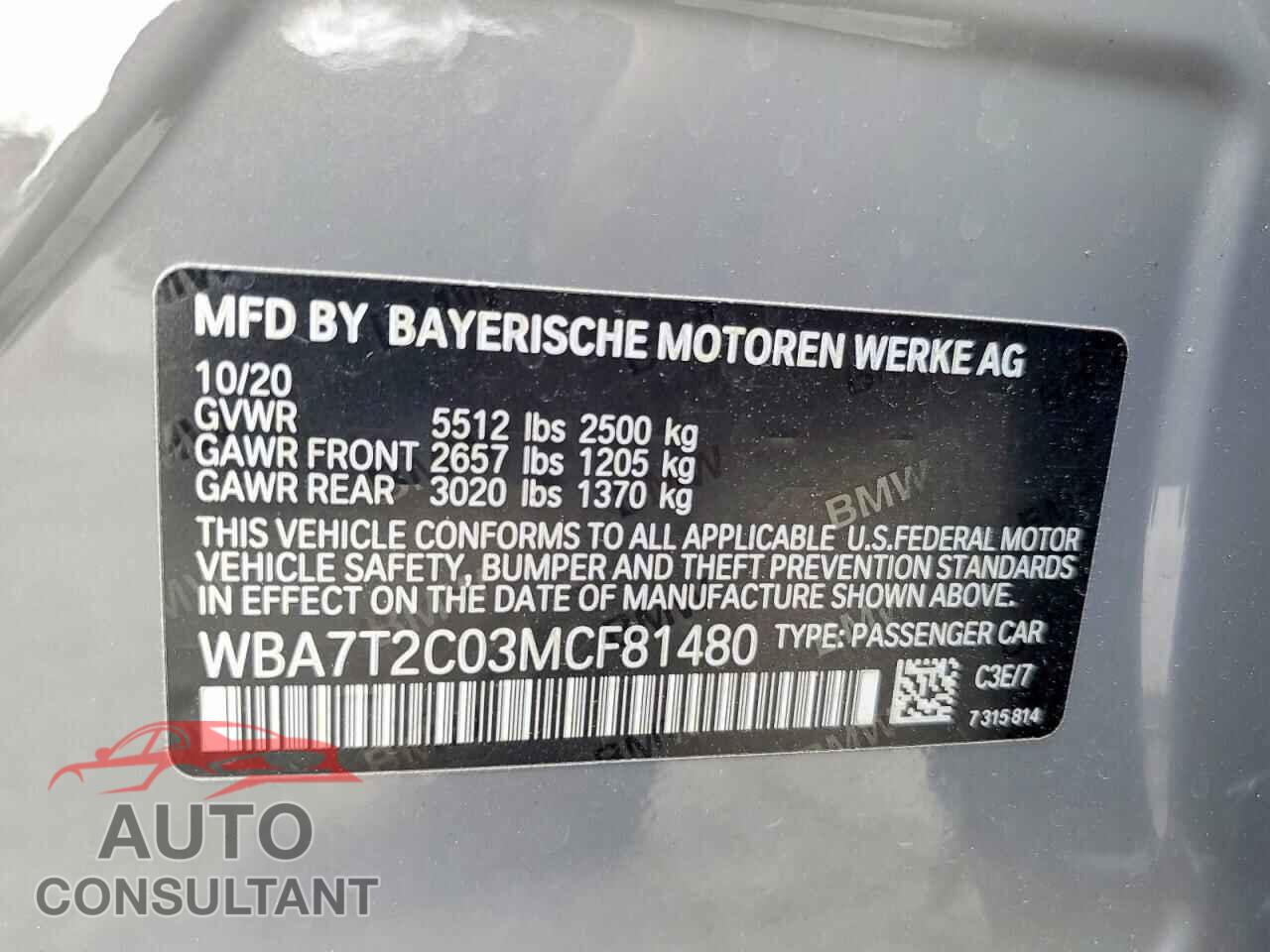 BMW 7 SERIES 2021 - WBA7T2C03MCF81480