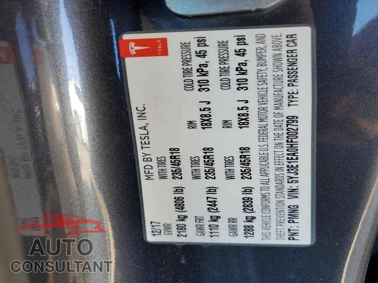 TESLA MODEL 3 2017 - 5YJ3E1EA0HF002799
