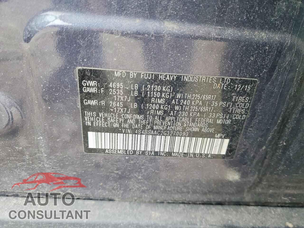 SUBARU OUTBACK 2016 - 4S4BSAAC2G3270093