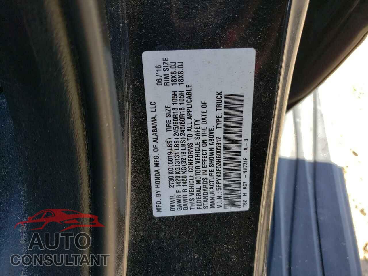 HONDA RIDGELINE 2017 - 5FPYK3F53HB005912