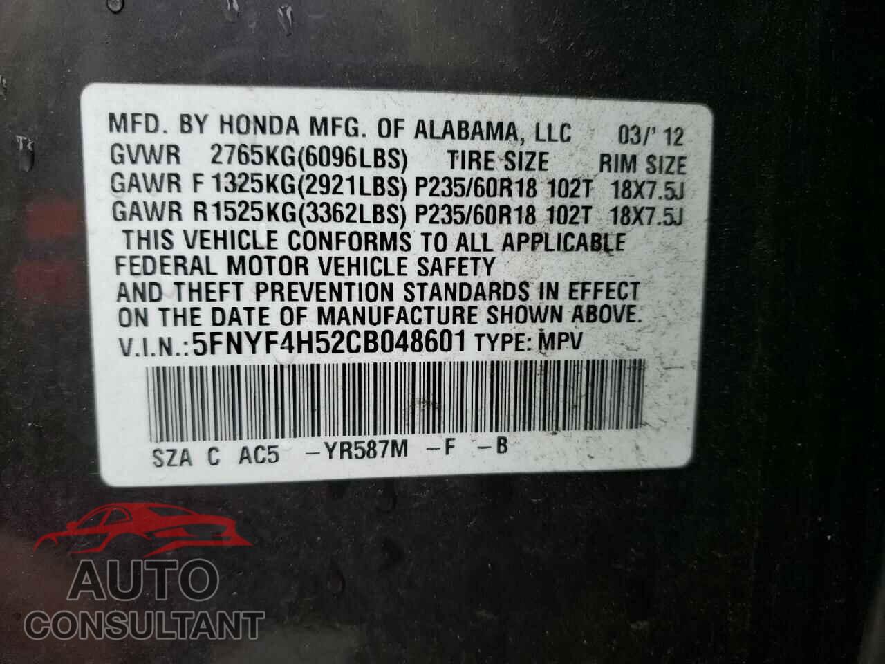 HONDA PILOT 2012 - 5FNYF4H52CB048601