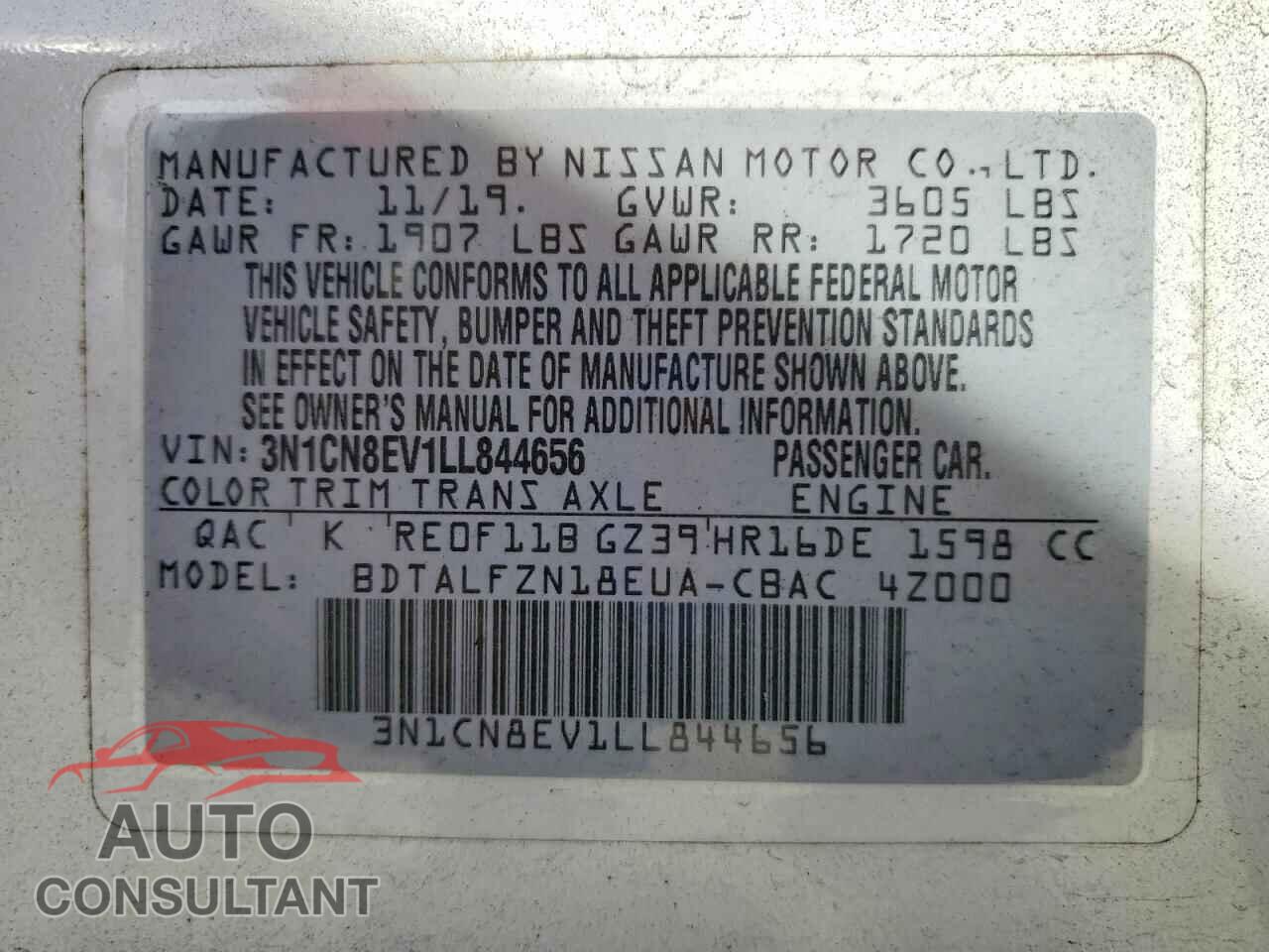 NISSAN VERSA 2020 - 3N1CN8EV1LL844656