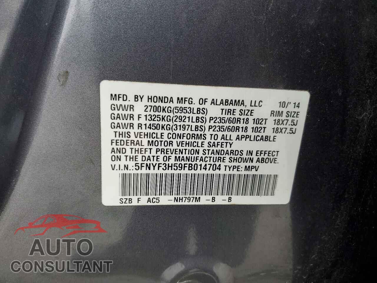 HONDA PILOT 2015 - 5FNYF3H59FB014704