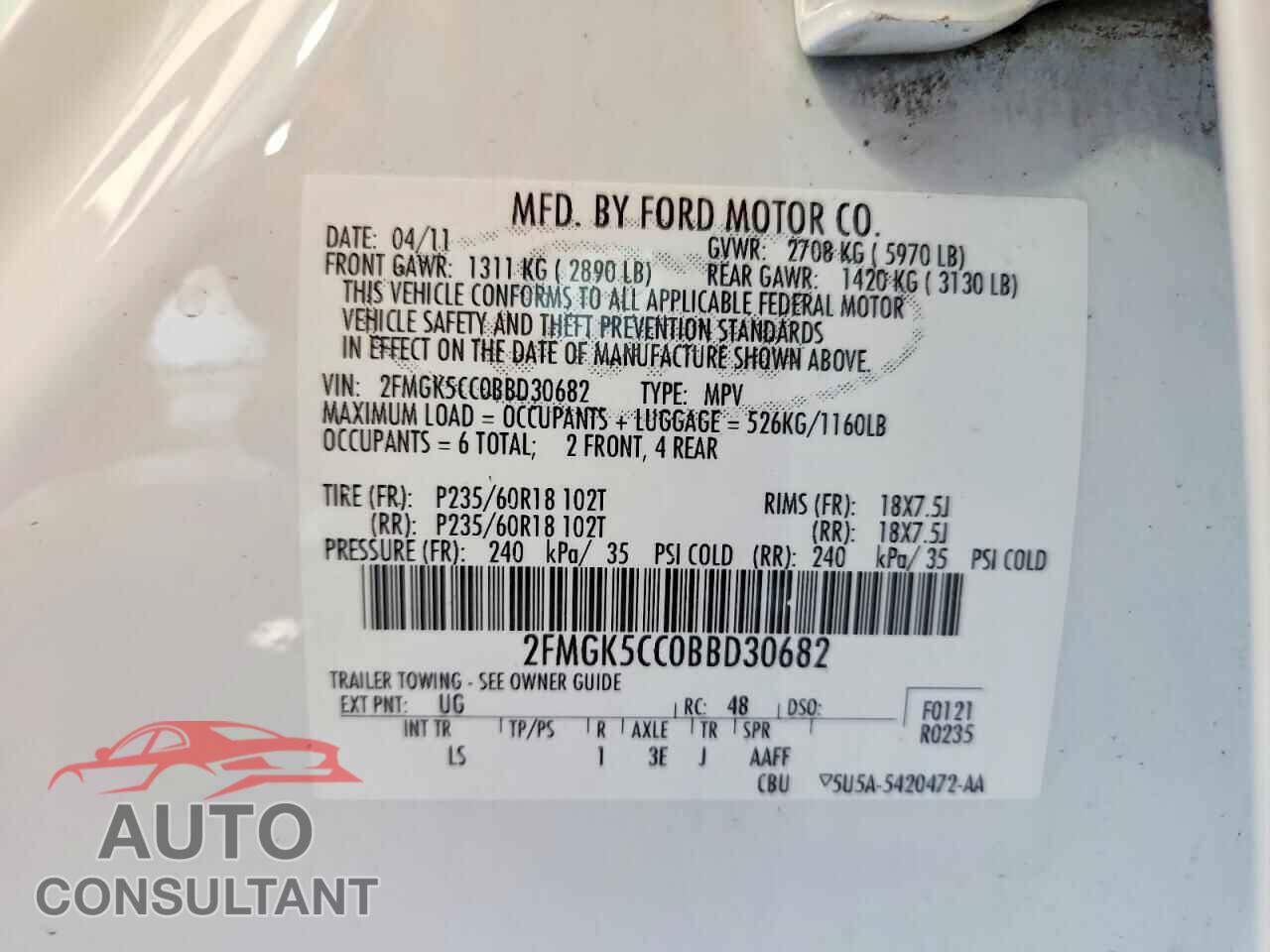 FORD FLEX 2011 - 2FMGK5CC0BBD30682