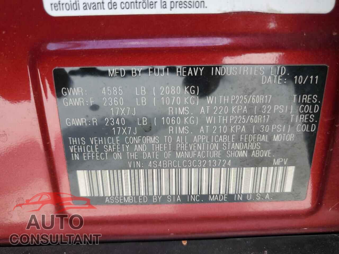 SUBARU OUTBACK 2012 - 4S4BRCLC3C3213724