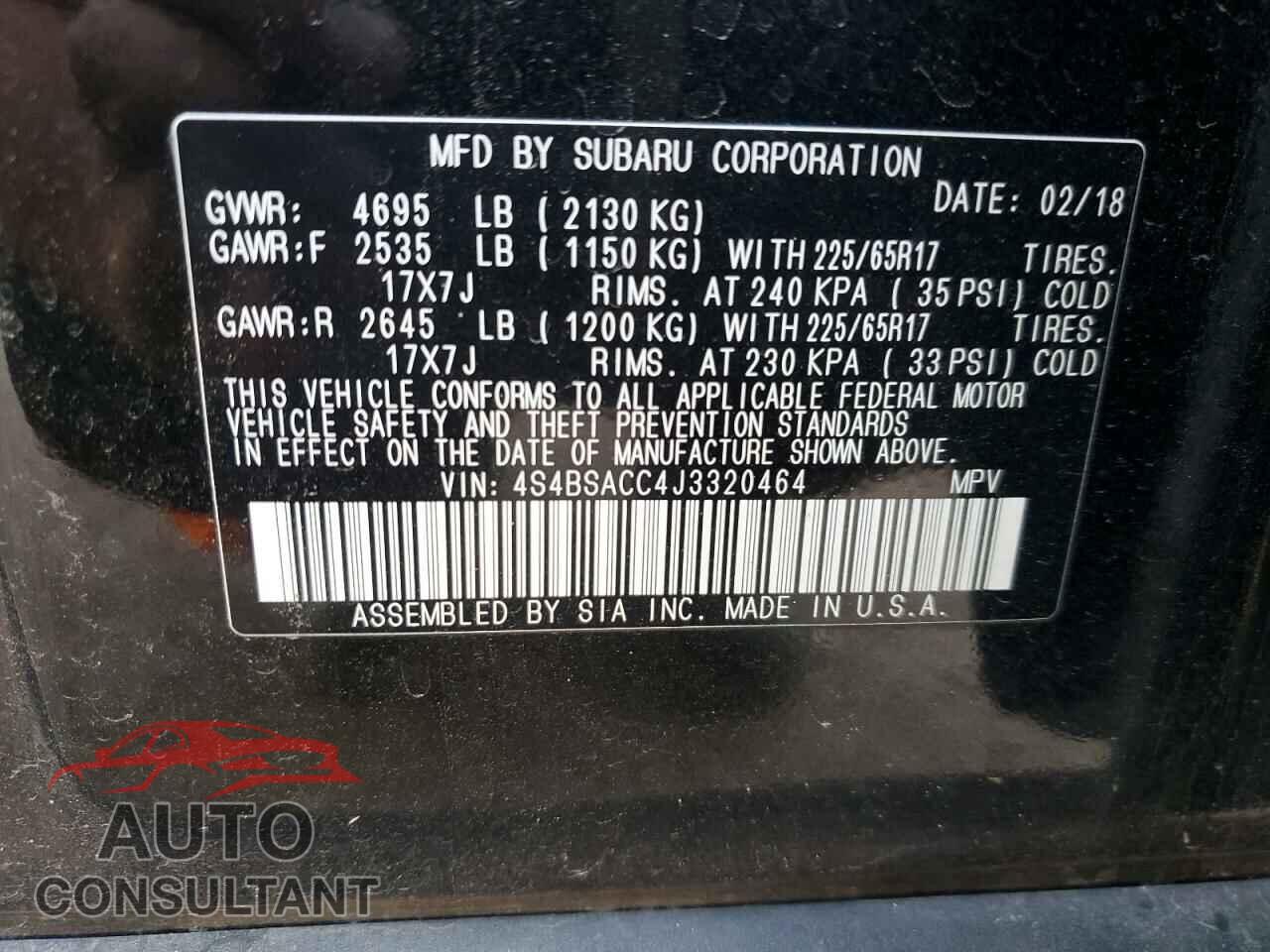 SUBARU OUTBACK 2018 - 4S4BSACC4J3320464