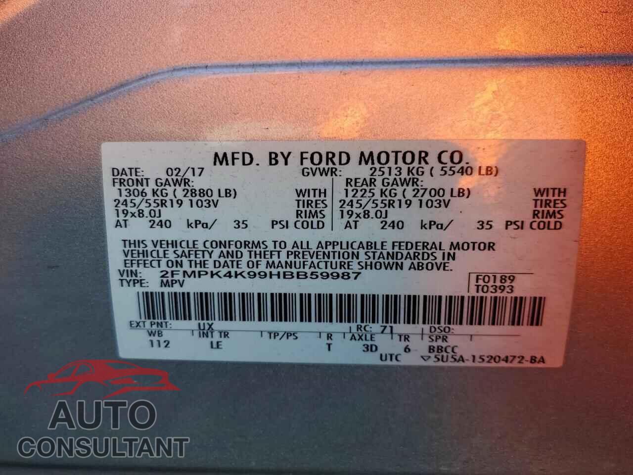 FORD EDGE 2017 - 2FMPK4K99HBB59987