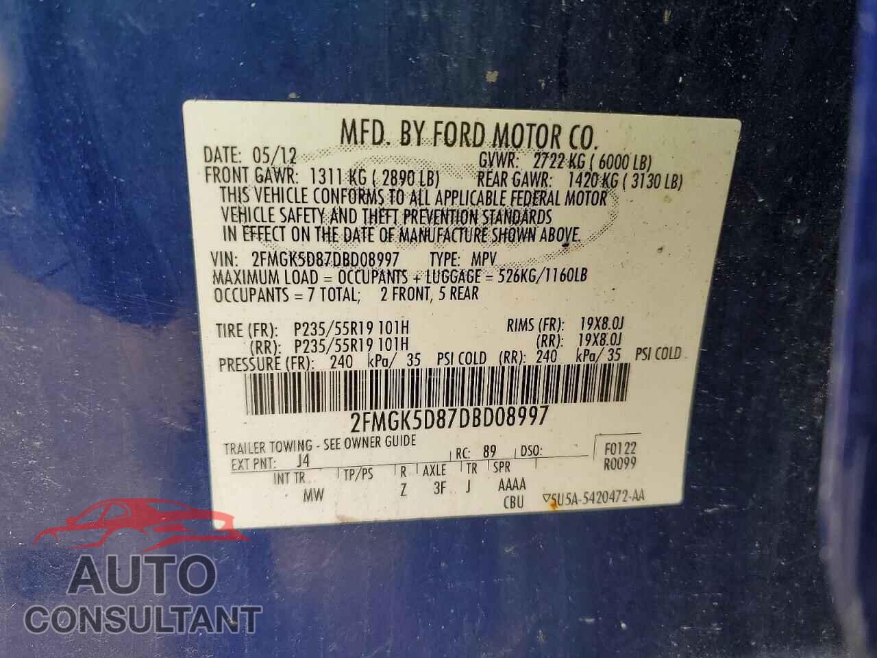 FORD FLEX 2013 - 2FMGK5D87DBD08997
