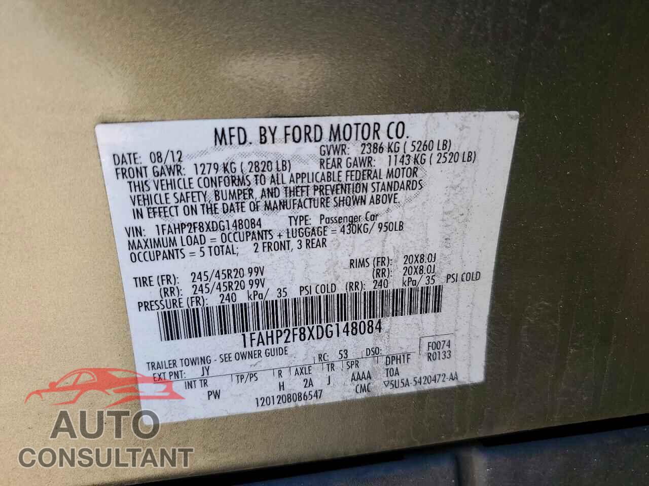 FORD TAURUS 2013 - 1FAHP2F8XDG148084
