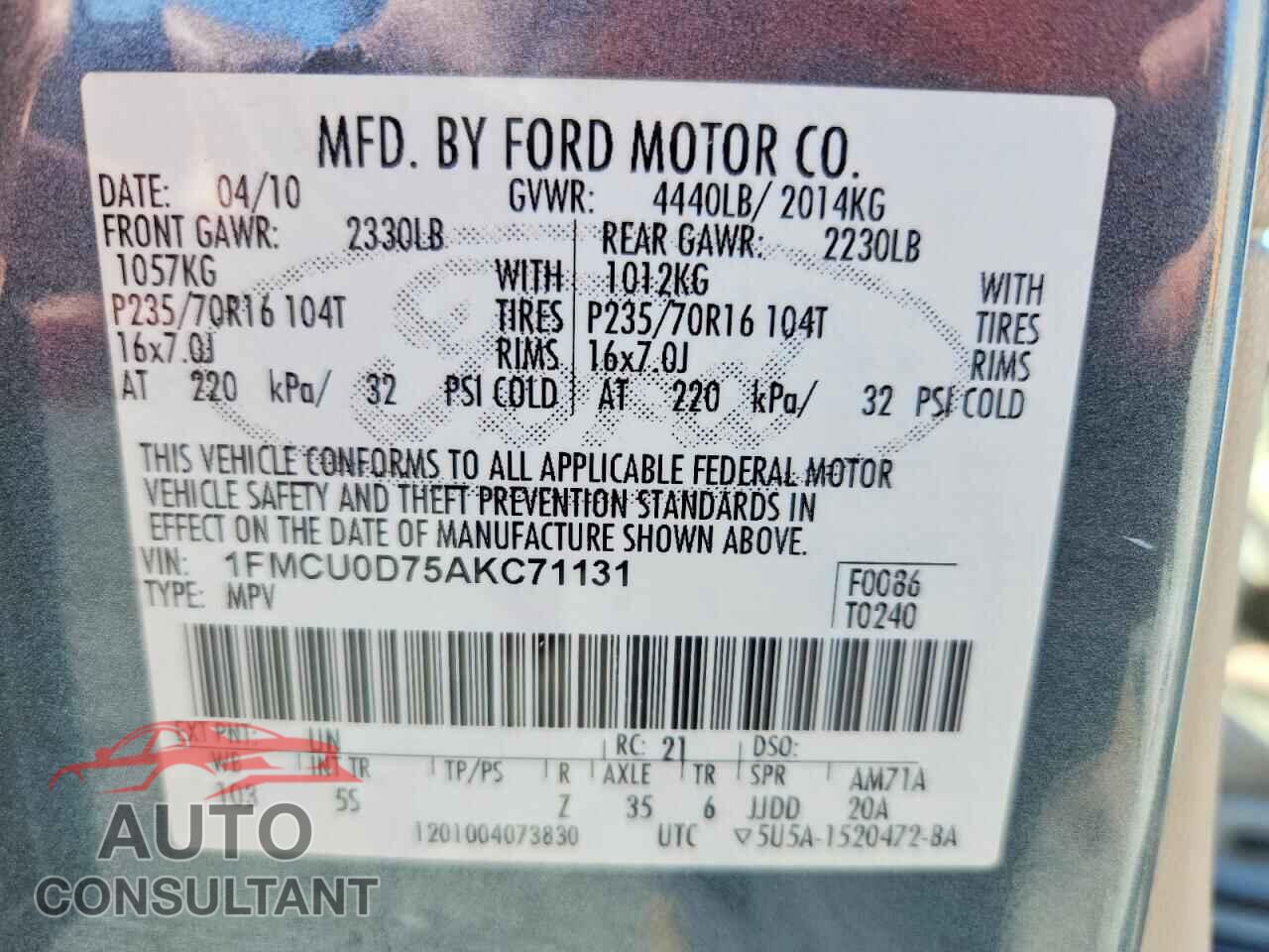 FORD ESCAPE 2010 - 1FMCU0D75AKC71131