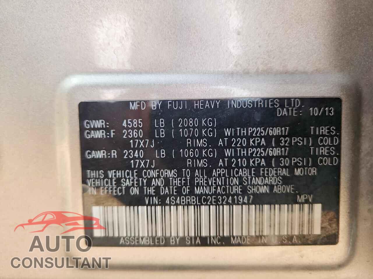 SUBARU OUTBACK 2014 - 4S4BRBLC2E3241947