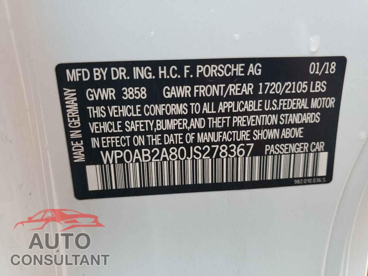 PORSCHE CAYMAN 2018 - WP0AB2A80JS278367