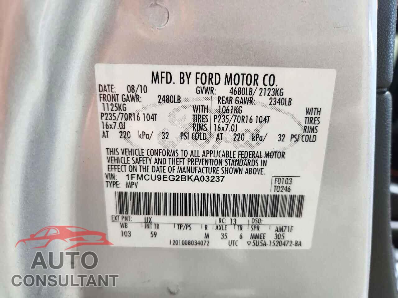 FORD ESCAPE 2011 - 1FMCU9EG2BKA03237