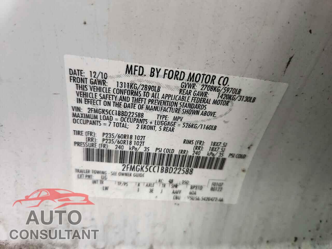 FORD FLEX 2011 - 2FMGK5CC1BBD22588