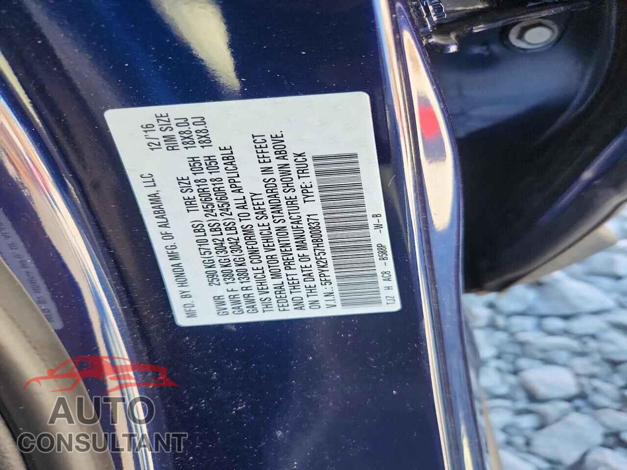 HONDA RIDGELINE 2017 - 5FPYK2F57HB008371