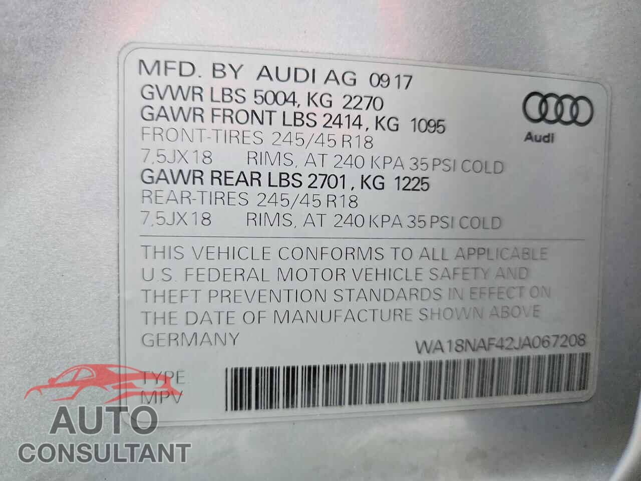 AUDI A4 2018 - WA18NAF42JA067208