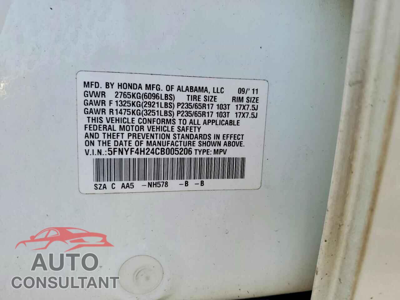 HONDA PILOT 2012 - 5FNYF4H24CB005206