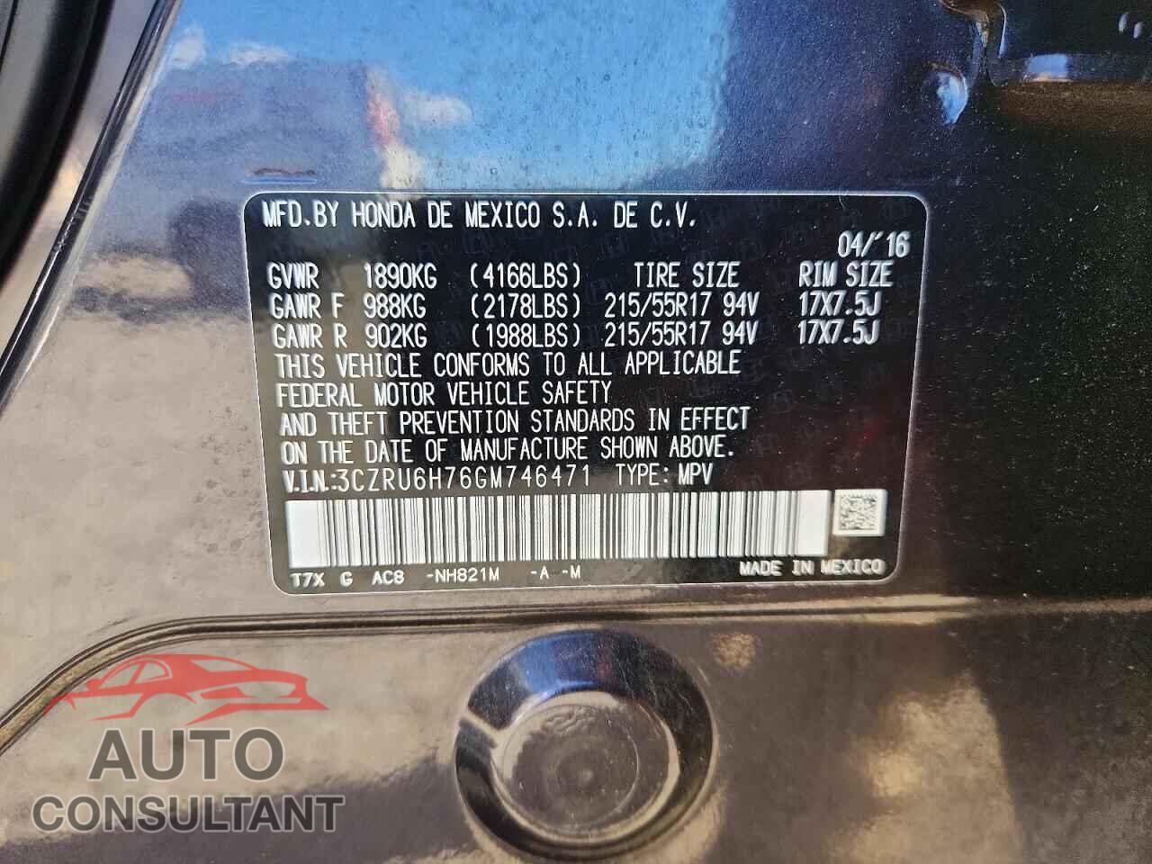 HONDA HR-V 2016 - 3CZRU6H76GM746471