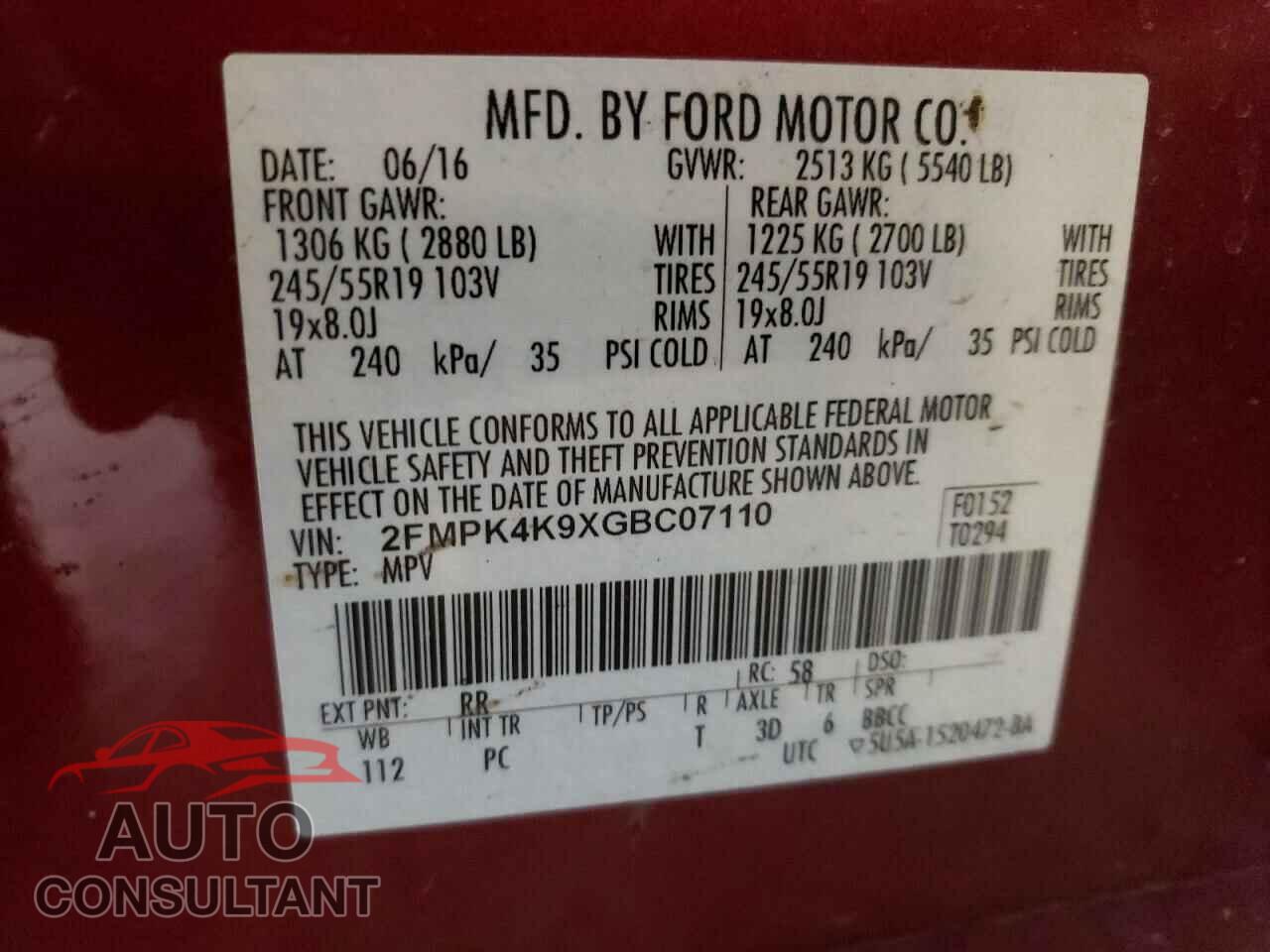 FORD EDGE 2016 - 2FMPK4K9XGBC07110