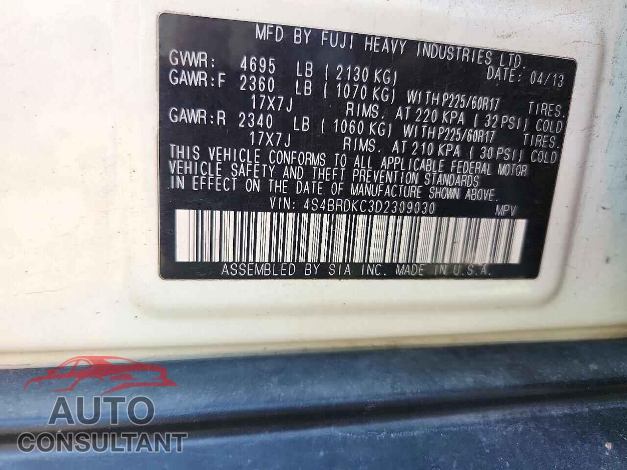 SUBARU OUTBACK 2013 - 4S4BRDKC3D2309030