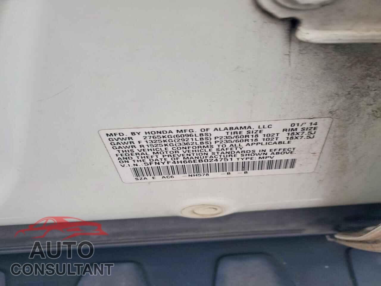 HONDA PILOT 2014 - 5FNYF4H66EB024751
