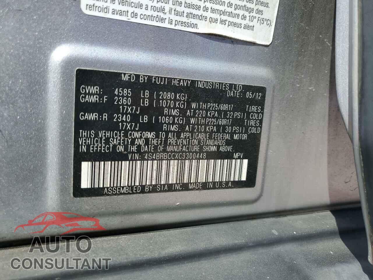 SUBARU OUTBACK 2012 - 4S4BRBCCXC3300448