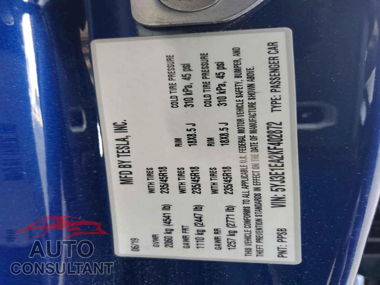 TESLA MODEL 3 2019 - 5YJ3E1EA2KF402872
