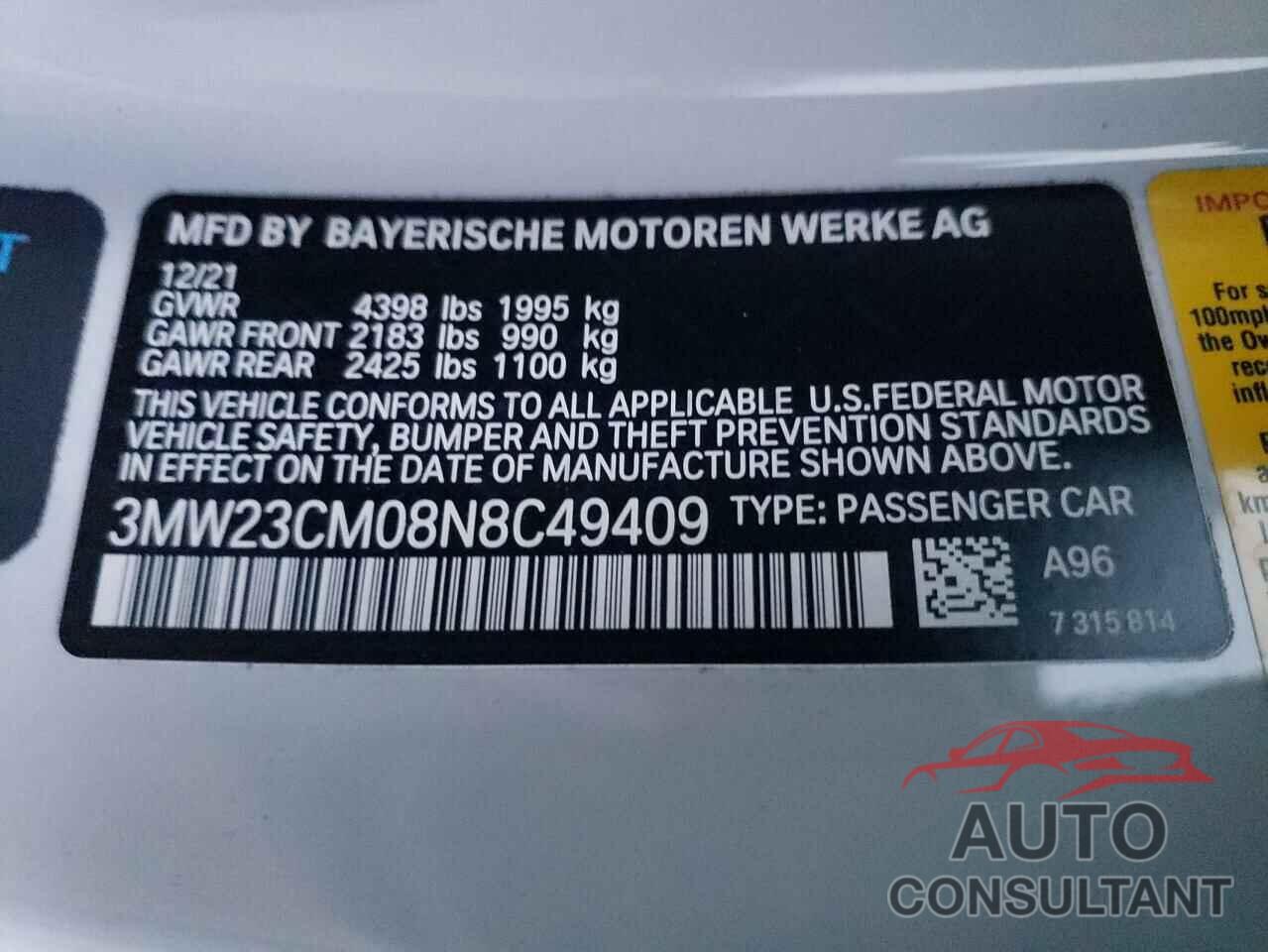 BMW 2 SERIES 2022 - 3MW23CM08N8C49409