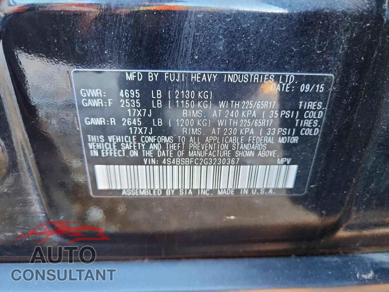 SUBARU OUTBACK 2016 - 4S4BSBFC2G3230367