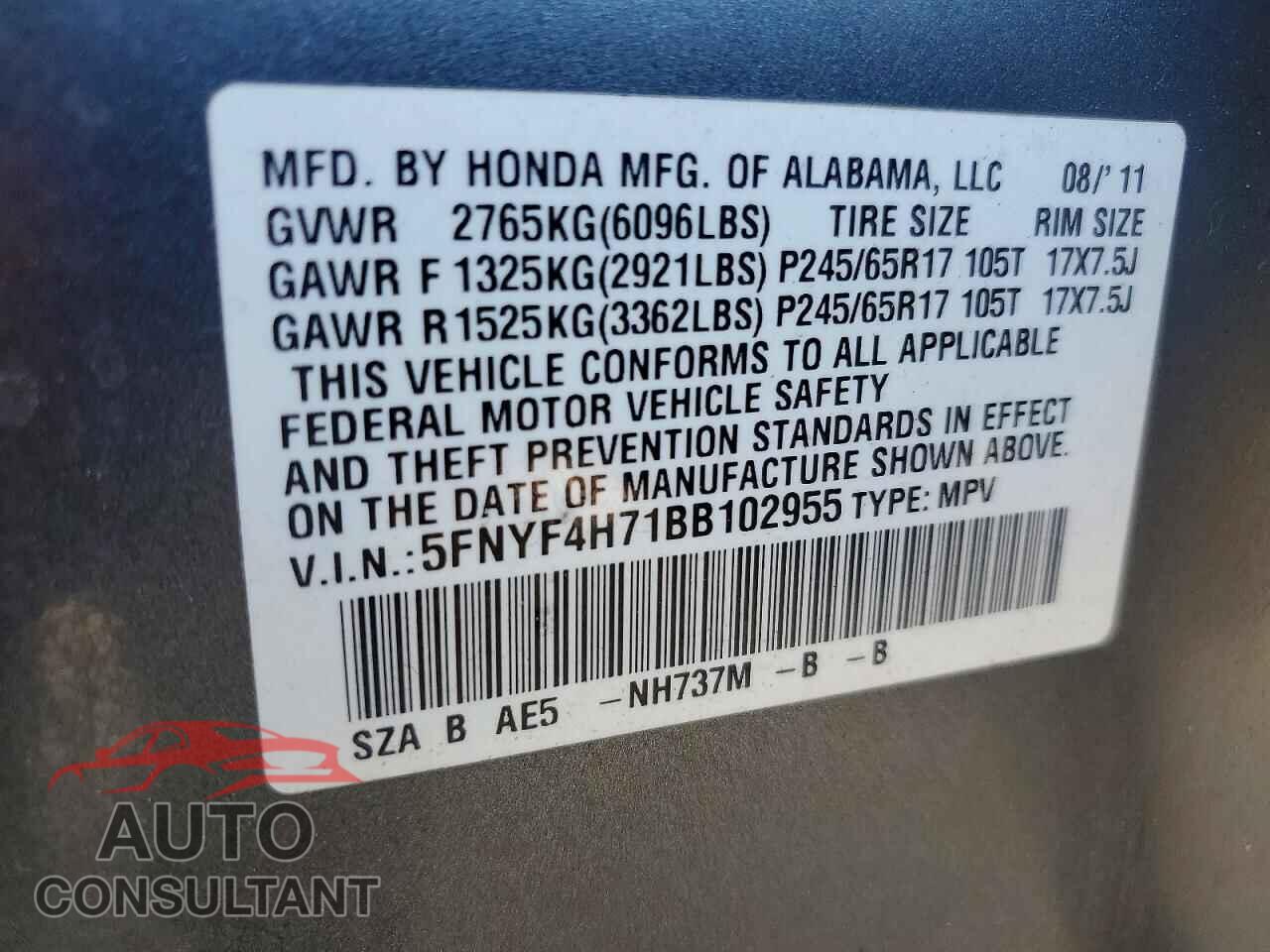 HONDA PILOT 2011 - 5FNYF4H71BB102955