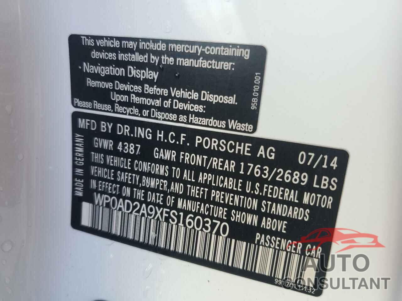 PORSCHE 911 2015 - WP0AD2A9XFS160370