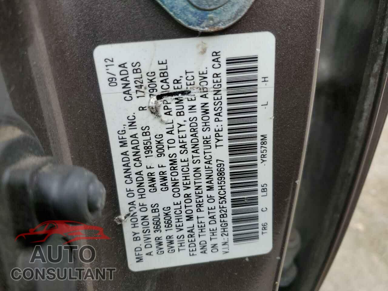 HONDA CIVIC 2012 - 2HGFB2F5XCH598697