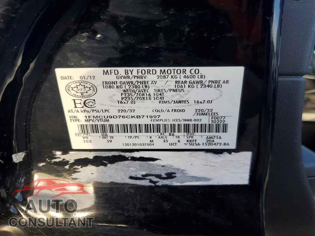 FORD ESCAPE 2012 - 1FMCU9D76CKB71997