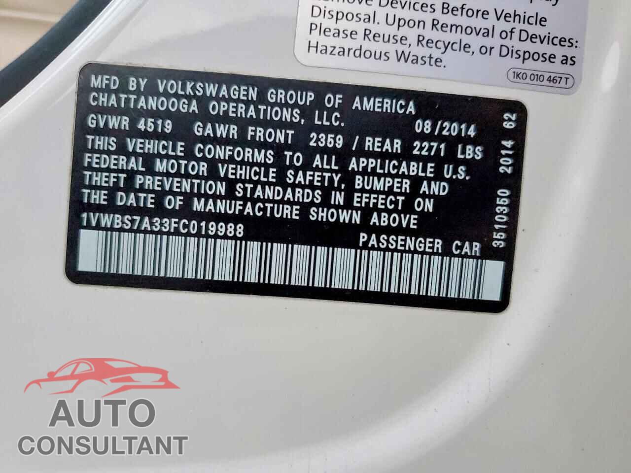VOLKSWAGEN PASSAT 2015 - 1VWBS7A33FC019988