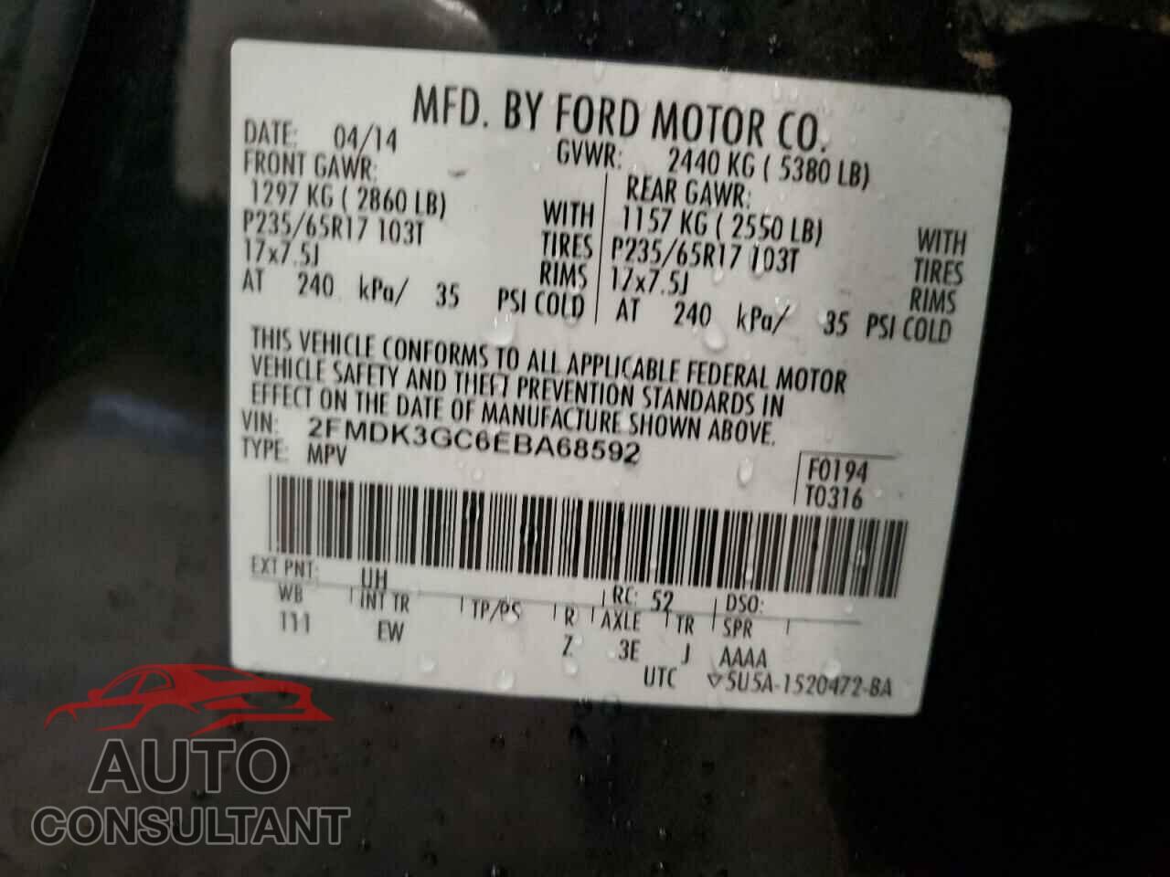 FORD EDGE 2014 - 2FMDK3GC6EBA68592